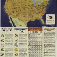 Brochure page. Top image is a map of the United States. Bottom contains text including comparison of the costs of coast to coast travel.