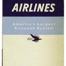 Back cover of a brochure with red, navy, blue, and white horizontal stripes, reading "Fly North American Airlines."