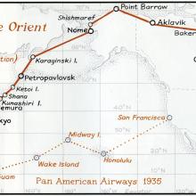 Hand-drawn map of the Pacific Ocean, East Asia, and North American. Titled in red in the upper right corner "North to the Orient, 1931" A solid red line traces a path from New York through Nome, Alaska, and the Arctic Circle to Hankow. A dotted red line below traces a path from San Francisco to Manila via the Pacific.