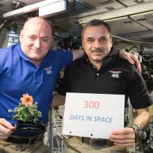 Two astronauts float on the International Space Station. One wears a blue polo and holds a flower, the other wears a darker polo and holds a sign that says '300 Days in Space.'