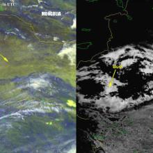 Two satellite images side by side of the same area. The left image is in full color and shows a giant brown dust cloud in the center of the image. The right image is in black and white, the white area highlighting the same dust cloud from the left image.