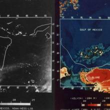 Two graphics of the Yucatan Peninsula side by side. The lefthand graphic is black and white, showing a cloud of white over the Southern part of the peninsula. The righthand graphic has colors, with a deep red over the southern part of the peninsula and a deep blue across the rest. 