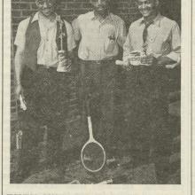 Halftone photo of three Black men.  The one on the left holds a trophy, the one in the middle a tennis racket, and the one on the right holds the Fairchild logo.