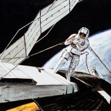 A painting of a person performing an extravehicular activity on the outside of the Skylab space station.