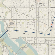 A map showing Washington, D.C., a line marks locations in the city that the Shenandoah flew over. 