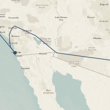 A section of a map showing the southern part of Arizona and California. A line follows the general route of the USS Shenandoah, passing through Yuma, Arizona before heading toward San Deigo.