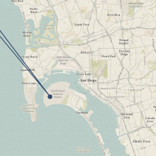 A map of a section of San Diego, California that shows San Deigo Naval Sation. A blue dot marks the historical location of airship mooring mast used by the Shenandoah. 