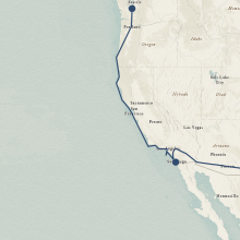 A map showing the coast of California. A line mark areas that Moffet noted flying over, which follow the coast of California.. 