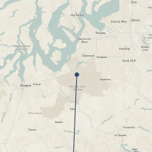 A map showing the areas of Tacoma and Olympia, Washington. A blue dot marks Fort Lewis, toward the center of the map.