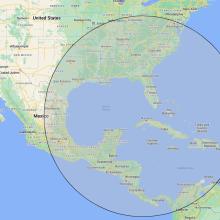 A map showing the range of intermediate missiles from Cuba to the United States, reaching Washington DC, and as far west as San Antonio. 