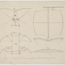 Four drawings showing the design of a winged apparatus that a human can ride on and take flight from.