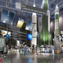 A rendering of an exhibition in a museum that features multiple full scale rockets and other objects related to the space age.