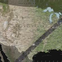 A map showing the path of totality for the 2024 solar eclipse. The path of totality stretches from Texas to Maine. 