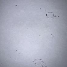 A piece of white paper with circle markings on it. One big circle is marked as the Moon. There are other circles and dots of varying sizes that represent stars and other bright objects in the sky. A line is drawn at the bottom of the page, with the word "ground" underneath the line, and some trees are also drawn on the line.