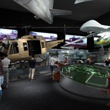 A rendering of a museum gallery that features modern military aviation technology such as drones and helicopters.