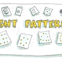 Drawing of cards, a pencil, a light bulb and a flashlight. It depicts a craft activity where holes are poked into cards and then a flashlight is lit over the cards to create patterns with the light. Drawing has the title "Light Patterns" in yellow block letters with designs on the letters. 