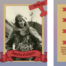 A design of a card where a woman aviator is on one side and textual information on the other.