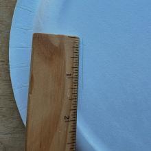 Photo of a close up view of the end of a ruler against a white paper plate. There is a pencil mark line parallel to the ruler measuring 1.5 inches, and another pencil mark dot along the line.