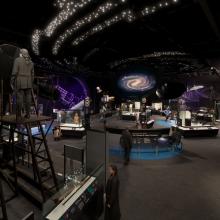 A rendering of a darkly themed museum gallery that evokes the night sky.  It features things like telescopes and satellite dishes.