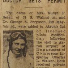 A newspaper clipping, yellowed with age. The heading reads "Passes Tests for Pilot's License, Doctor Gets Permit." On the left is a picture of a woman wearing coveralls, a leather pilot's cap with goggles on her forehead. 