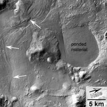 A crater on Mars with annotated texts and arrows on the image