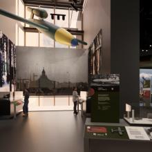 Rendered image of a museum exhibition that features World War II era artifacts.