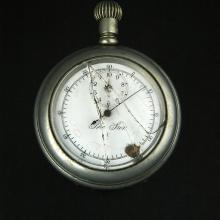 Broken stopwatch with hand pointed at nine-minute mark. 