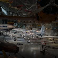 Silver painted commercial airplane displayed at the museum. 