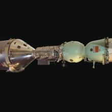 View of a American spacecraft attached to a Soviet Soyuz spacecraft.  