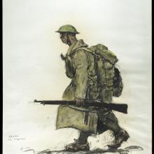 Soldier in profile walking with rifle in hand. 