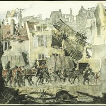 Soldiers on horse-drawn carriages in a badly damaged town. 