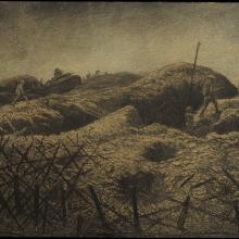 Soldiers walk on top of trenches, barbwire is in the foreground. 