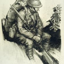 Soldier sits with pack on back and rifle in hand. 