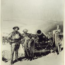 Two soldiers stand next to mortar. 