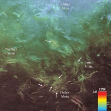 Colorful radar image of Venus surface. 