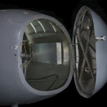 View of an open nose of an airplane. 