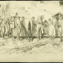 Drawing of people lined up washing. 