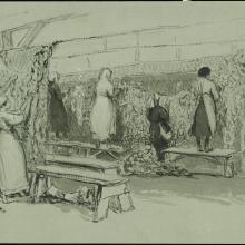 Black and white drawing of women working. 