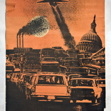 Orange poster featuring traffic and smog. 