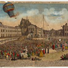 Colored artwork on paper showing a crowd watching a balloon craft fly in the air.