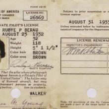 A pilot's license with Rubye P. Bearu's picture, signature, and physical details. It was issued August 23, 1932.