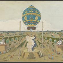 Historical artwork of the Montgolfier brothers' first public balloon demonstration at Versailles in 1783. The image features a large, decorated balloon tethered to the ground, with figures of royalty observing from a stylized garden, and crowds gathering around to watch the spectacle.