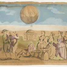 Historical illustration depicting a group of people watching a balloon fly. The spectators are elegantly dressed.