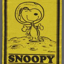 A yellow banner with Snoopy the dog wearing an astronaut helmet.