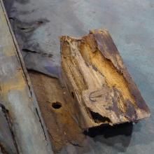 Examples of softwood deterioration on the interior of a World War II era aircraft. The wood is missing multiple layers in different spots.