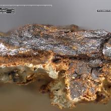 Microscopic, three-dimensional view of painted metal from a World War II-era aircraft. Corrosion is present on the bottom end, where loss of paint is present. The metal is still, however, in decent shape.