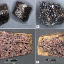 Four separate samples of a World War II era aircraft where adhesives were used on two sections of structural supports (A and B) and on spacer blocks (C and D).