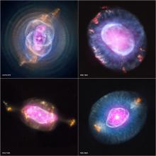 A set of four images of a planetary nebula, which is a blue, purple, pink, and yellow celestial body.