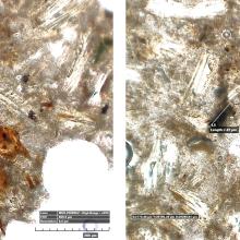 Two microscopic views of one thin section of an adhesive with multtiple black and orange particles visible in the light brown-colored adhesive. The right view shows measurements for the particles.