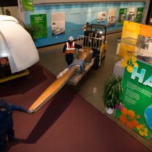 A trolley is used to transport a large wooden blade belonging to a wind tunnel fan in the Museum.